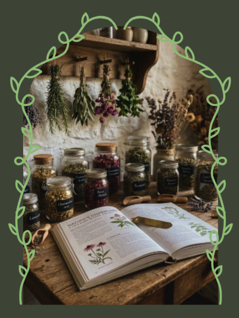 A rustic wooden table displays various jars of dried herbs and flowers, with an open book about herbs and a brass scoop. Hanging herbs and flowers are on a wooden wall shelf in the background.