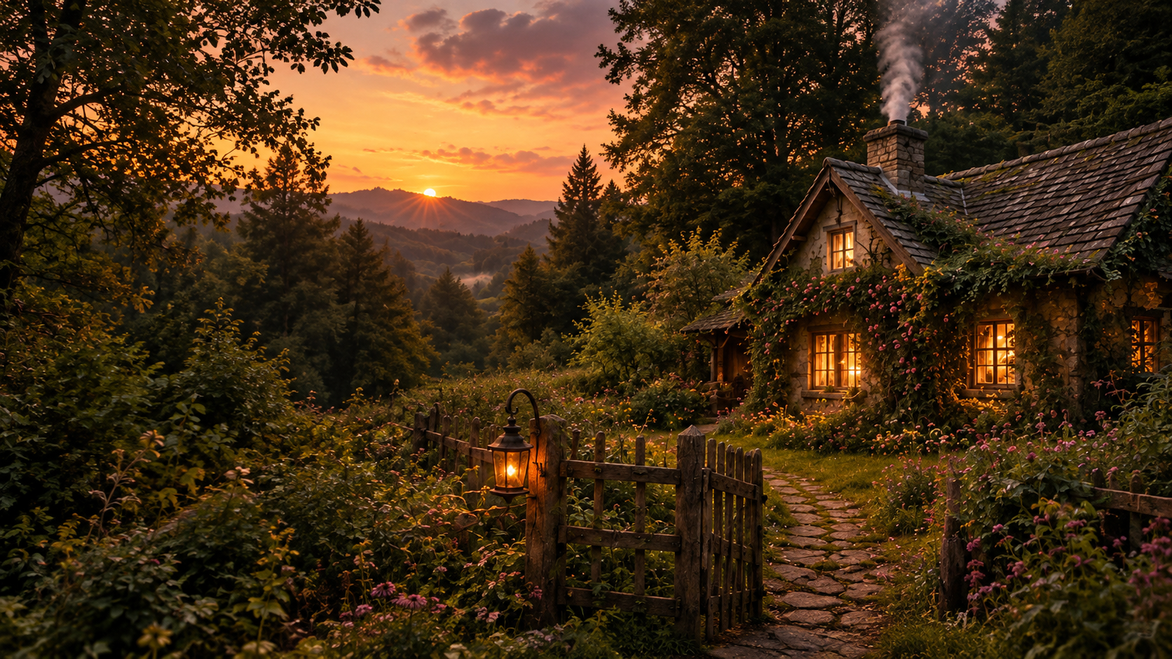 A cozy stone cottage with lit windows, surrounded by blooming flowers and a stone pathway, set in a lush forest at sunset with mountains in the distance.