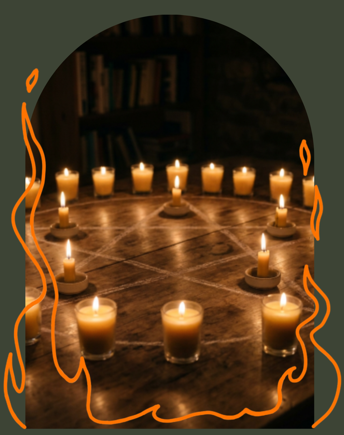 Candles arranged in a geometric pattern on a wooden table, illuminated in a dimly lit room, with a bookshelf in the background.