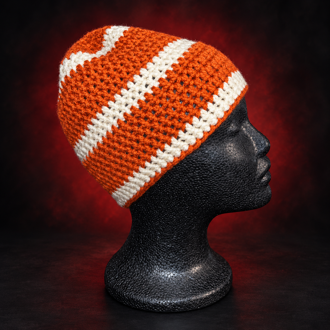 Handmade orange-and-cream crochet slouch beanie. Warm colors with room to slouch, or fold the brim for a shorter fit. Crafted Different. Worn Bold.