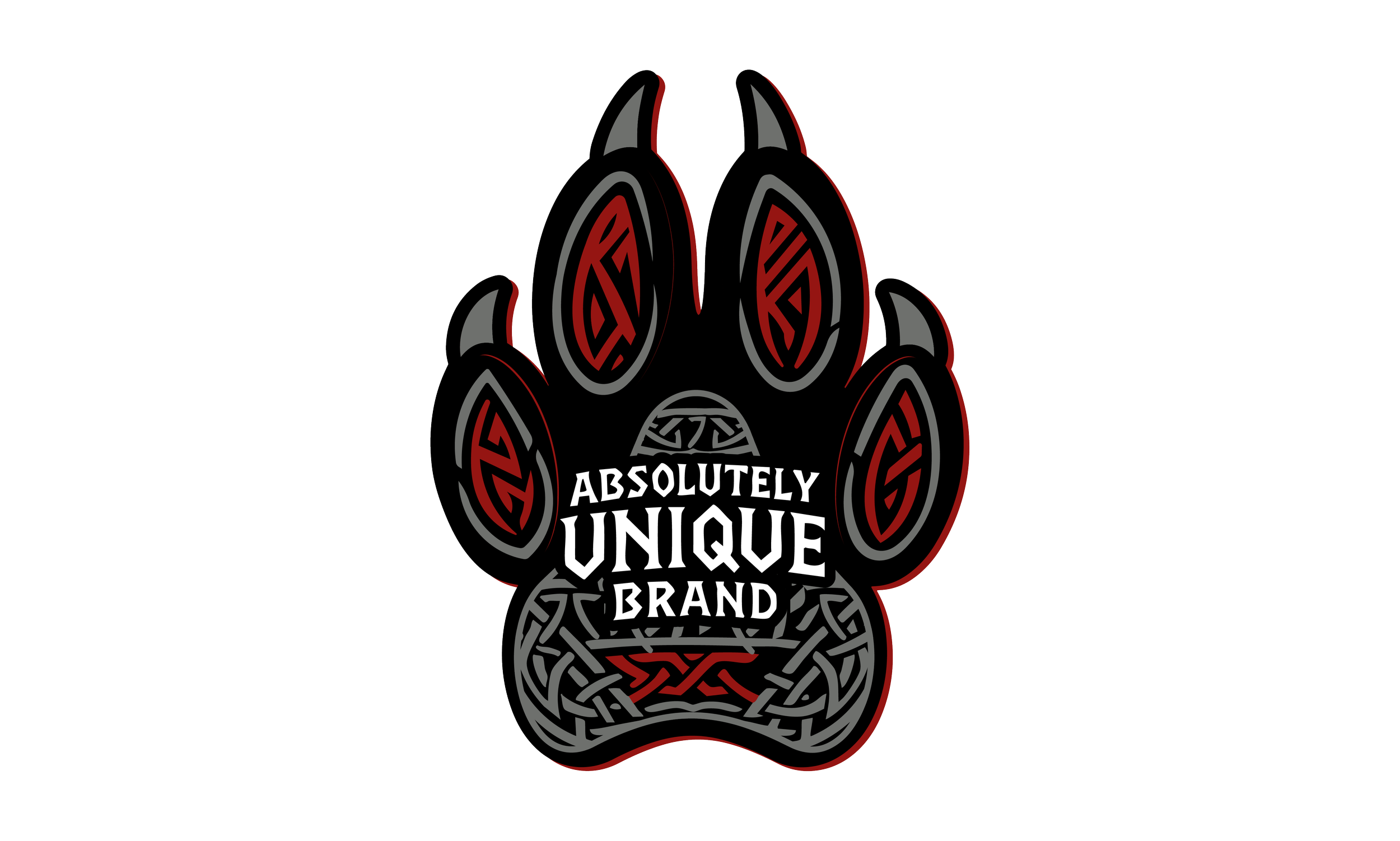 Absolutely Unique Brand logo: a black, red, and gray wolf paw with patterned toes and the brand name inside.