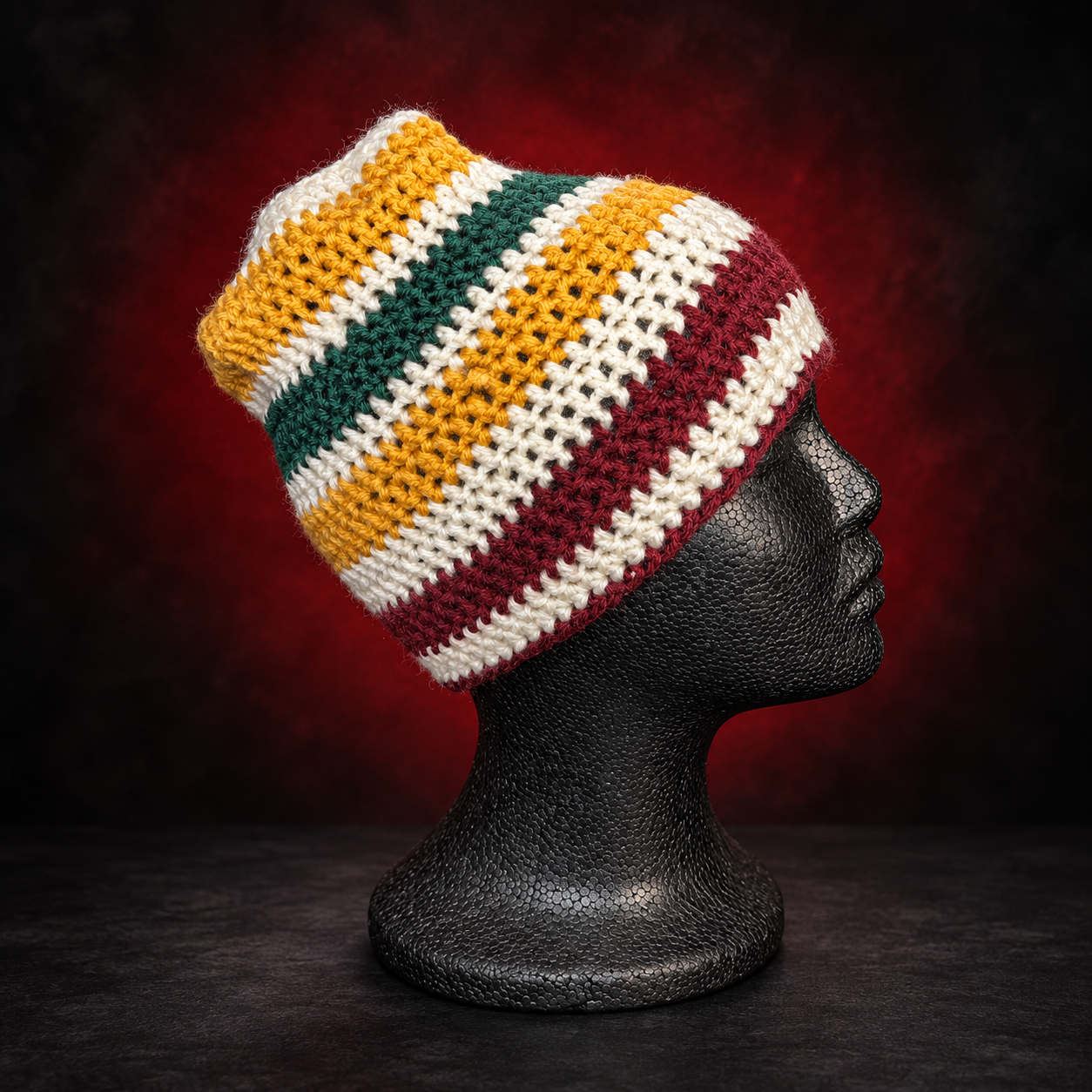 Handmade crochet slouch beanie in mustard yellow, forest green, burgundy and cream. A mix of fall colors you can wear slouched or with the brim folded. Crafted Different. Worn Bold.