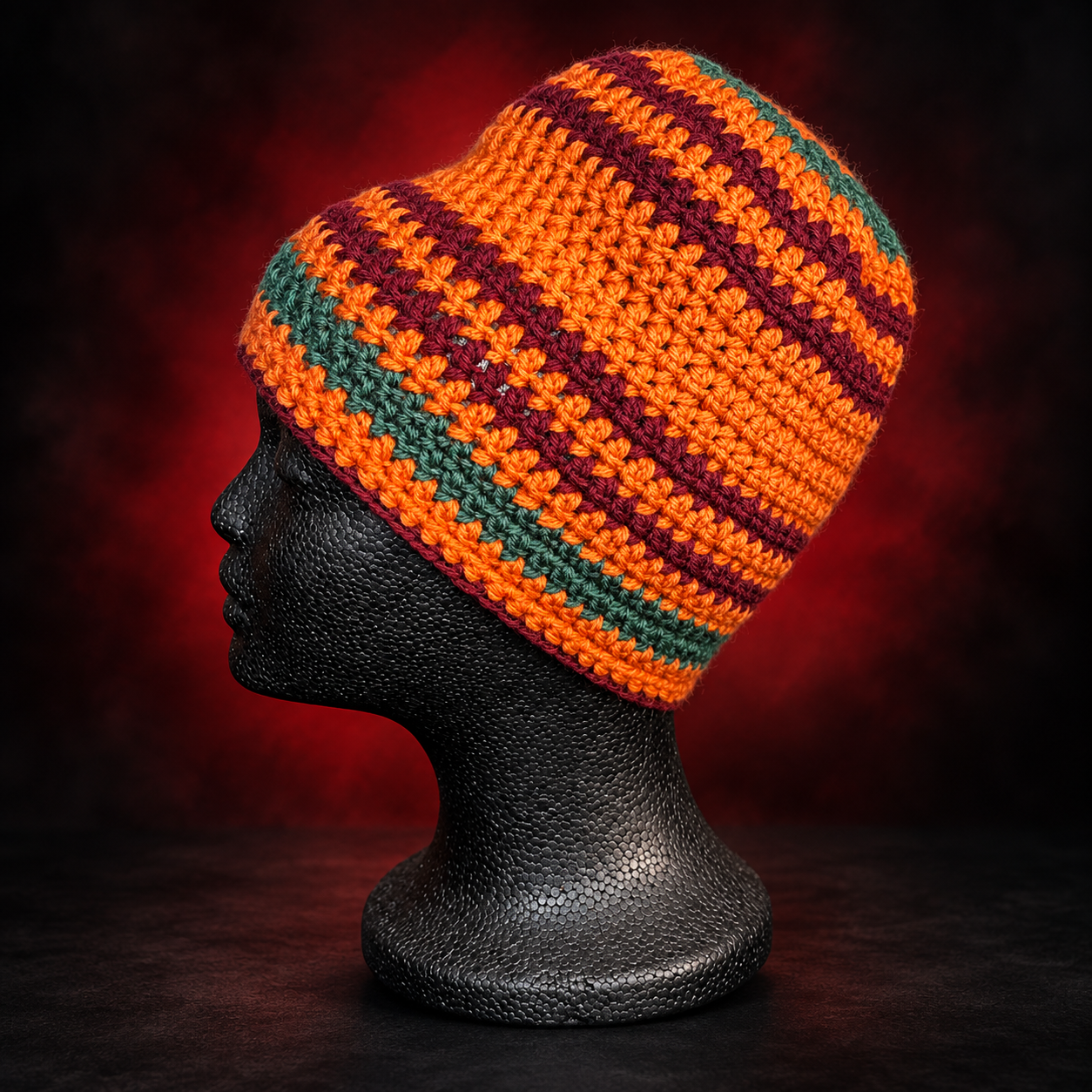 Handmade crochet slouch beanie in mustard yellow, forest green, burgundy and cream. A mix of fall colors you can wear slouched or with the brim folded. Crafted Different. Worn Bold.