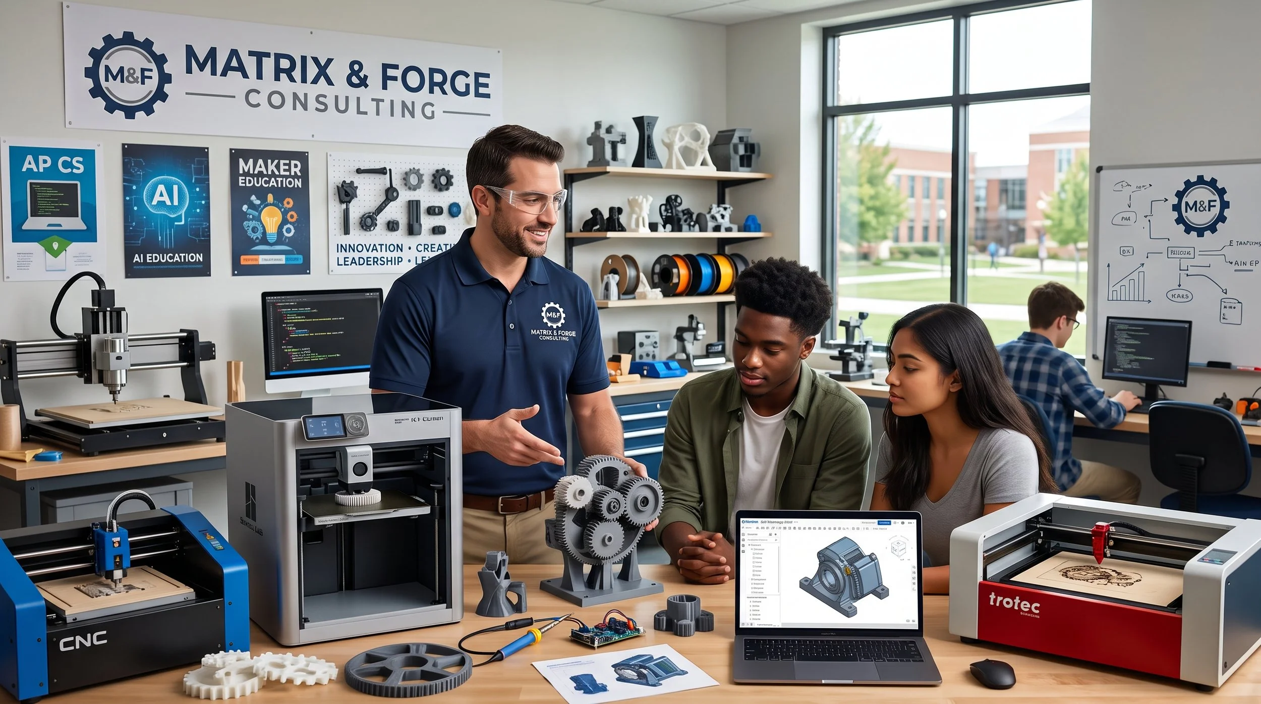 People in a classroom or workshop space discussing gears and 3D printing, with various engineering tools, printers, and models on the tables and shelves.