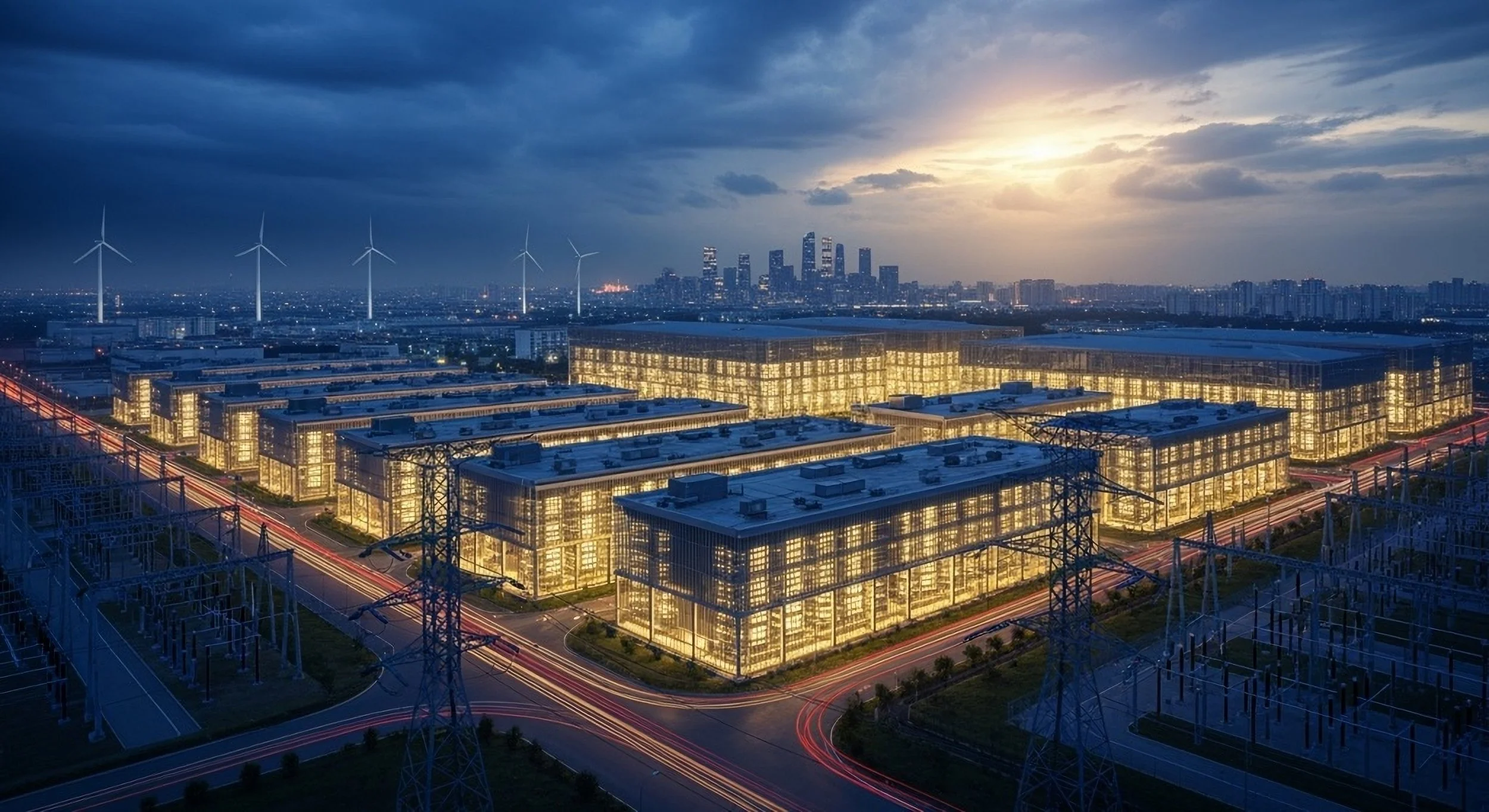 Aerial view of a city skyline at dusk, featuring wind turbines, illuminated modern glass buildings, and streaks of car lights on roads, with a partly cloudy sky and the sun setting in the background.