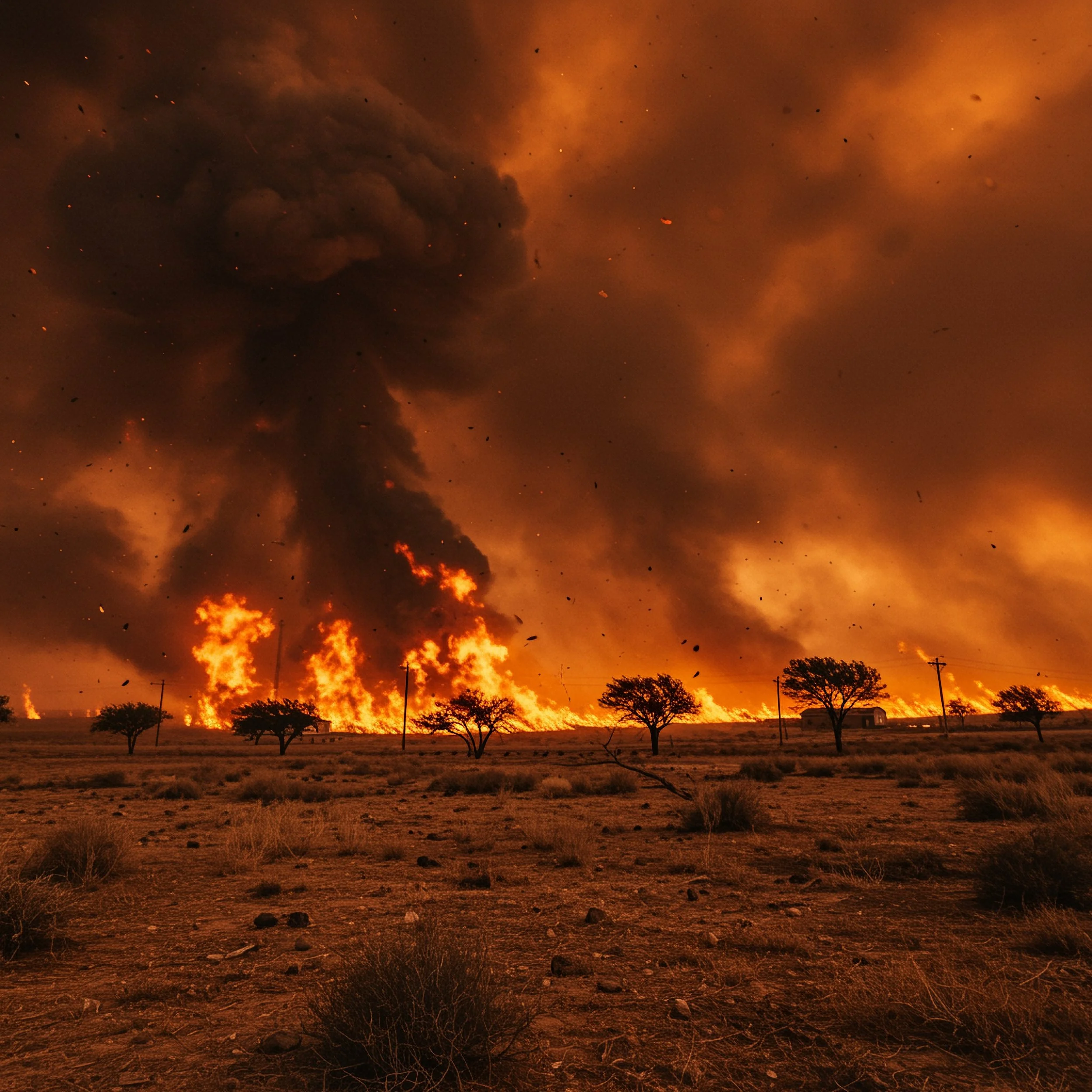 A field on fire with large orange flames and smoke, silhouetted trees in the foreground, and a dark sky overhead.