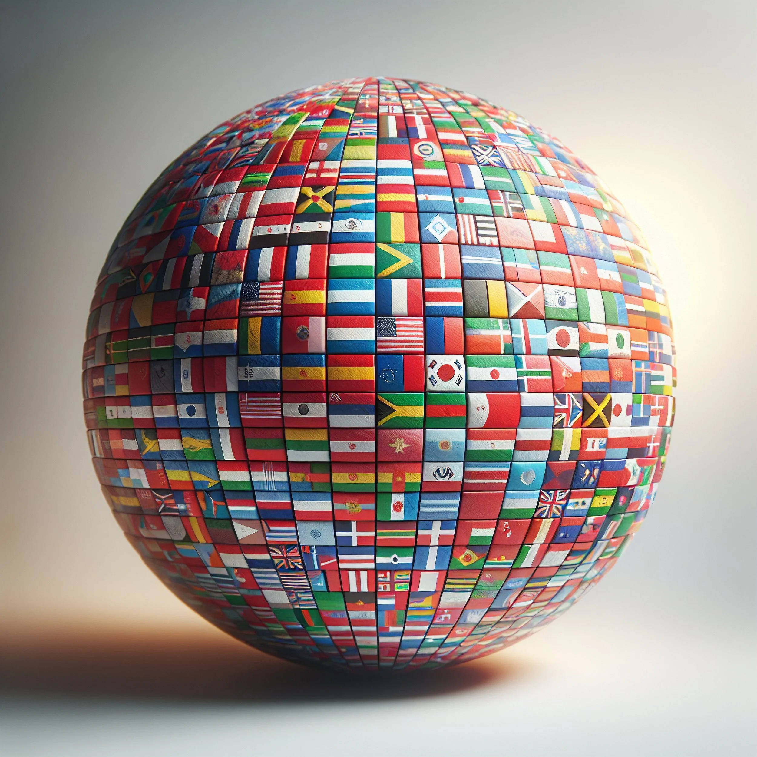 A spherical object covered with numerous small flags from different countries, viewed from below against a plain background.