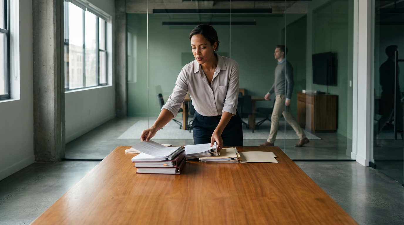 A woman organizing papers on a wooden table in an office with glass walls, with two men walking in the background.