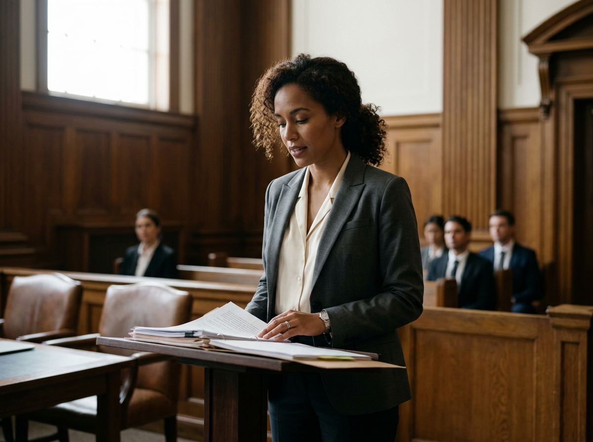 A woman in a gray suit standing at a wooden podium inside a courtroom, reading from papers, with other formally dressed individuals seated in the background.