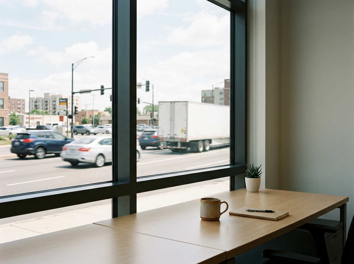 Office with a windows view of traffic on a city street.
