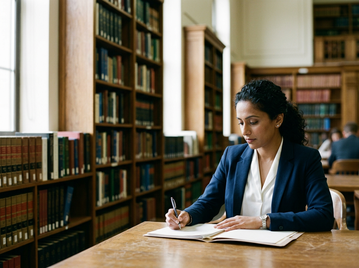A woman in a navy blazer and white blouse sitting at a wooden table in a law library, writing a legal document.