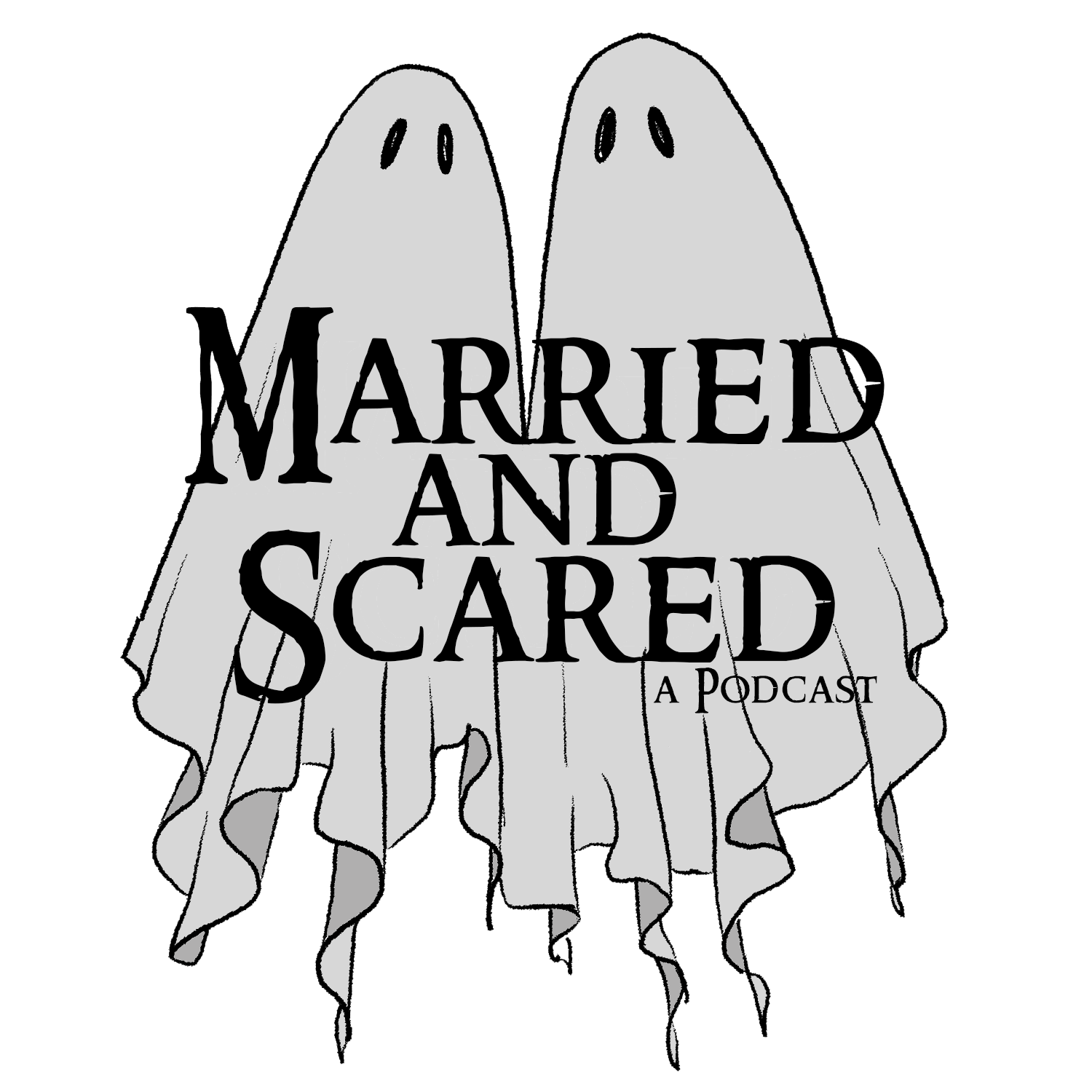 Illustration of a wedding dress with text overlay that reads 'Married and Scared, A Podcast'.