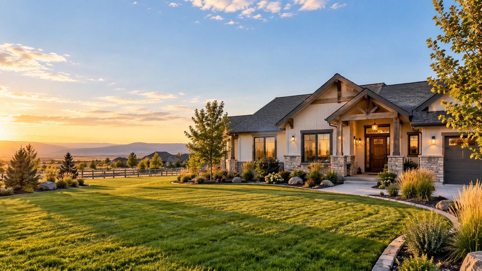 Modern house with stone accents and a landscaped yard at sunset.