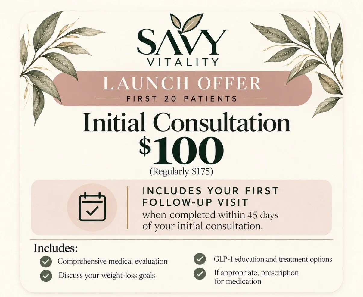 A promotional flyer for Savy Vitality offering an initial consultation for $100, including a follow-up visit, with details about the services and a decorative leaf design.