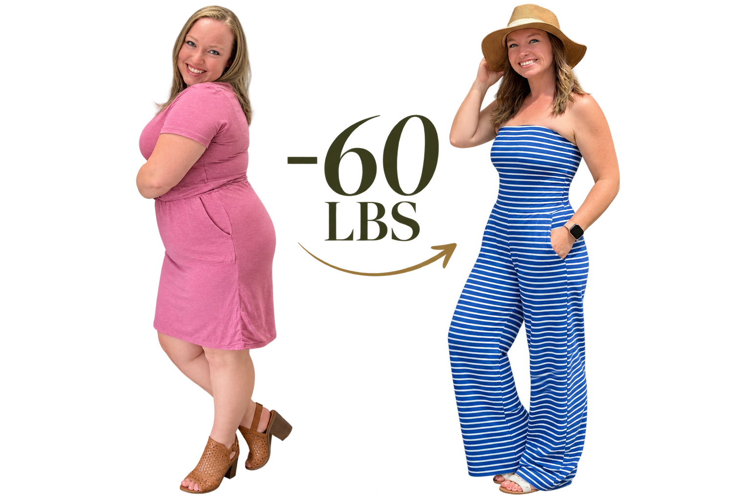 Two women standing side by side, smiling. The woman on the left is wearing a pink dress and brown high-heeled sandals. The woman on the right is wearing a blue and white striped jumpsuit, a straw hat, and white sandals, with a smartwatch on her left wrist.