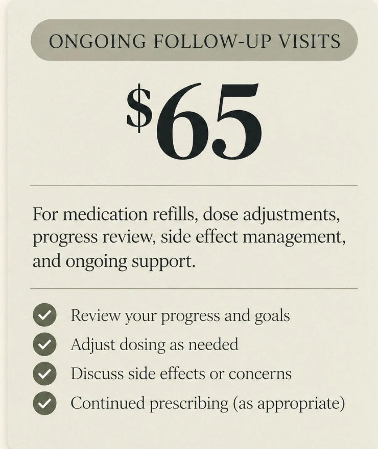 Sign for ongoing follow-up visits costing $65. It mentions services such as medication refills, dose adjustments, progress review, side effect management, and ongoing support. Includes a checklist for reviewing progress and goals, adjusting dosing, discussing side effects, and continued prescribing.