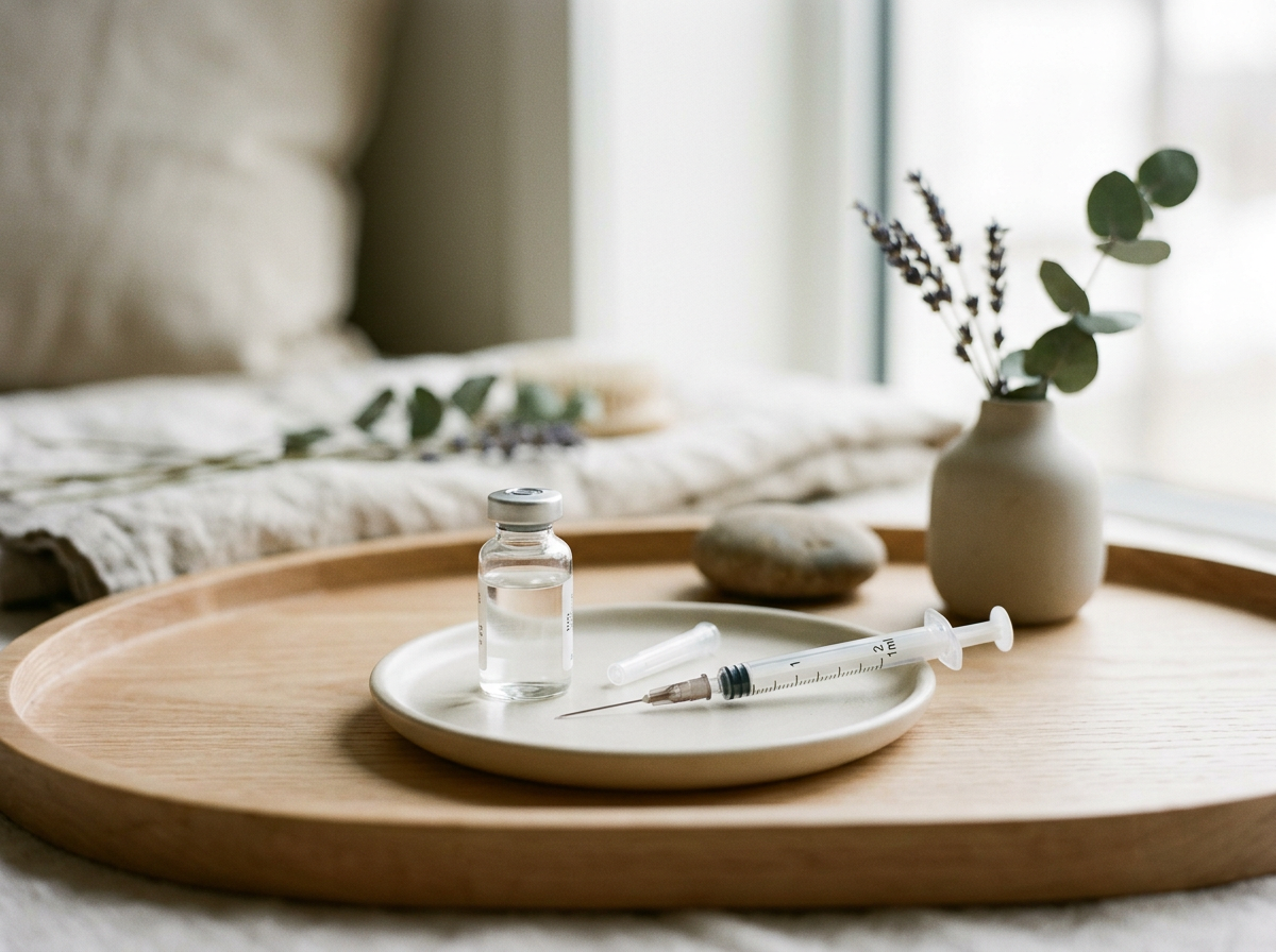 Medical supplies including a small vial, a syringe, and a needle on a white plate, placed on a wooden tray near a vase with eucalyptus sprigs, with a softly blurred bed and window in the background.