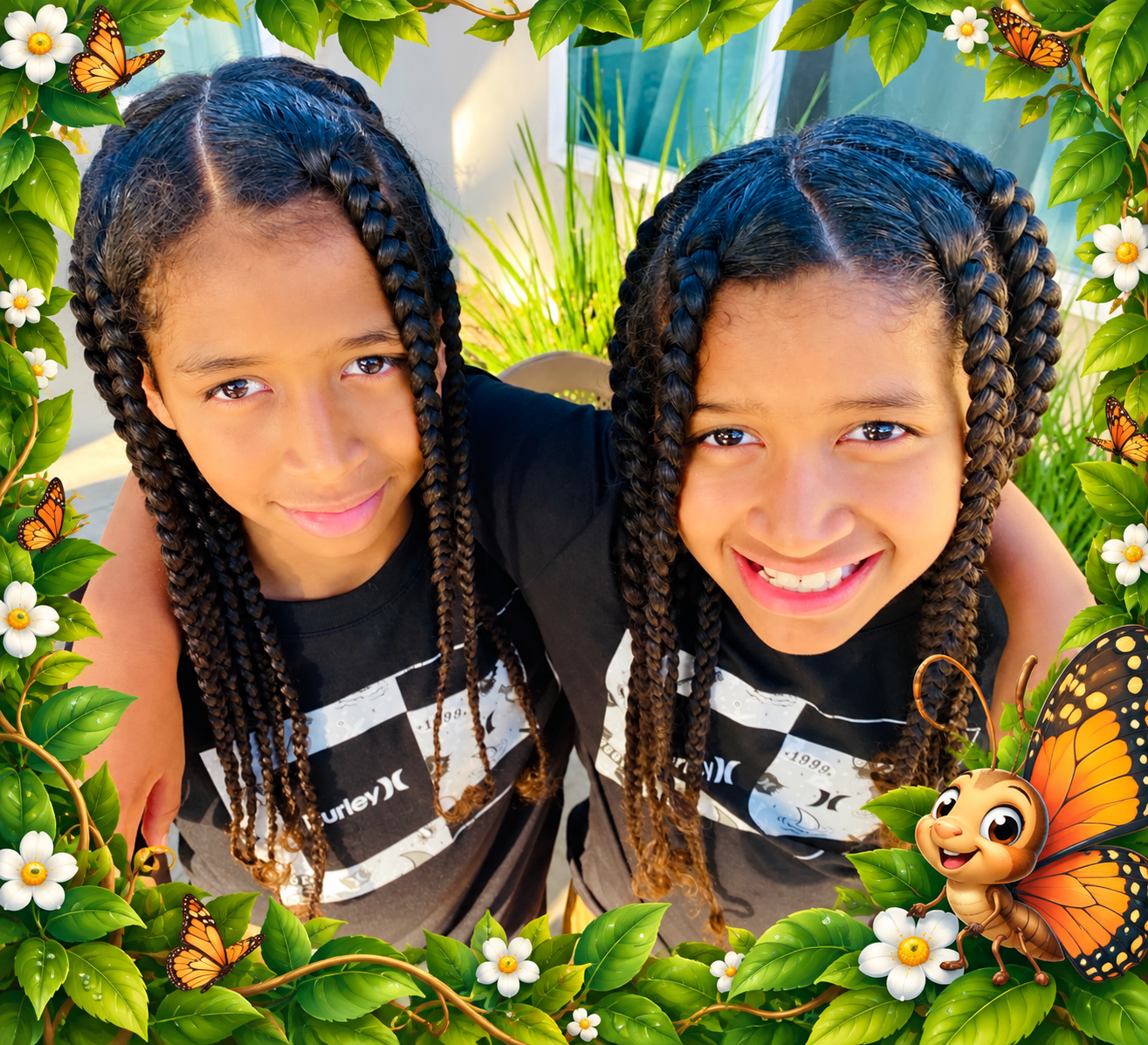 Two young girls with braided hair smiling, surrounded by a decorative border of green leaves, white flowers, and orange monarch butterflies, with a cartoon insect character in the lower right corner.
