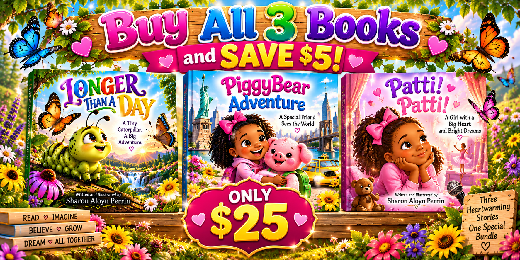 Colorful book promotion with three children's books: "Longer Than a Day," "PiggyBear Adventure," and "Patti! Patti!" featuring vibrant illustrations of a caterpillar, girl with pig, and girl dreaming with flowers, butterflies, and a sunny sky in the background. Promotional banner offers buy three books, save $5 for $25, with decorative elements like hearts, butterflies, flowers, and wooden signs.
