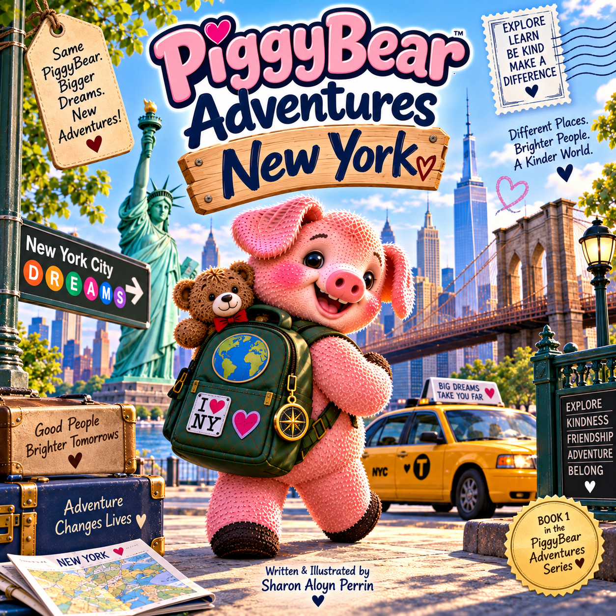 Colorful cover of the book "PiggyBear Adventures New York" featuring a pink pig with a teddy bear on its backpack, standing in front of New York City skyline, including the Statue of Liberty and the Empire State Building. The scene includes signs with inspiring messages, a yellow taxi, and luggage with motivational quotes.