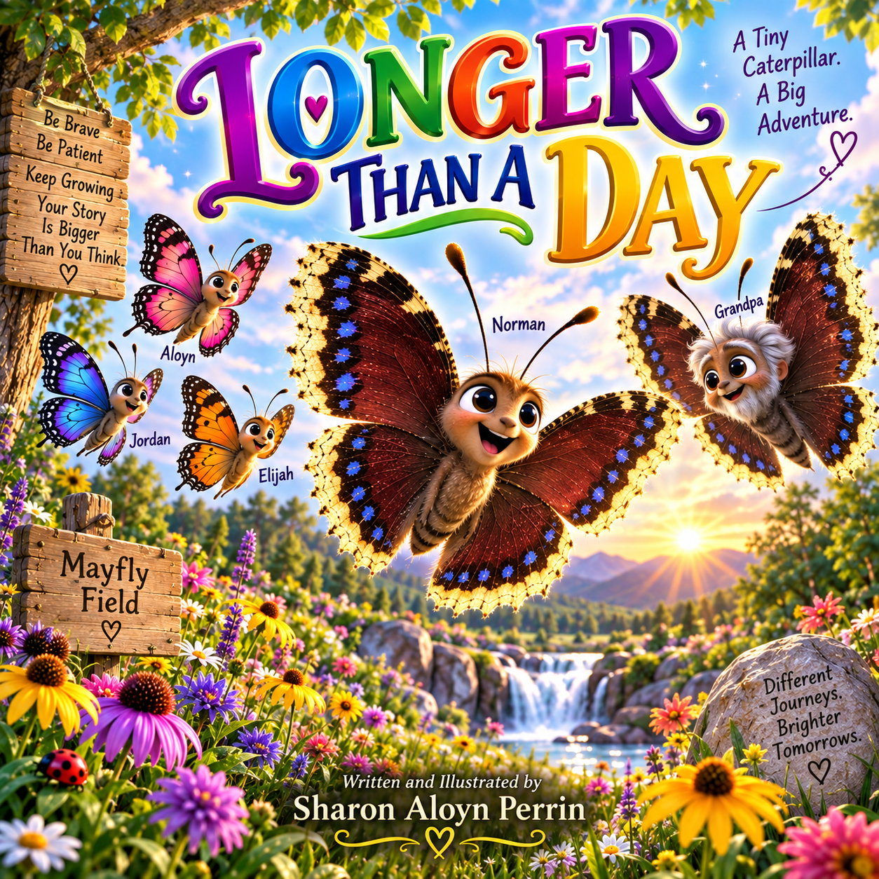 Colorful animated book cover titled "Longer Than a Day" featuring cheerful butterfly characters with smiling faces in a vibrant garden scene with flowers, rocks, and a waterfall at sunset. The Butterfly characters include Norman, Grandpa, Jordan, Elijah, and others. Grass, flowers, and a ladybug are in the foreground, with wooden signboards saying "Mayfly Field" and a quote about brighter tomorrows.