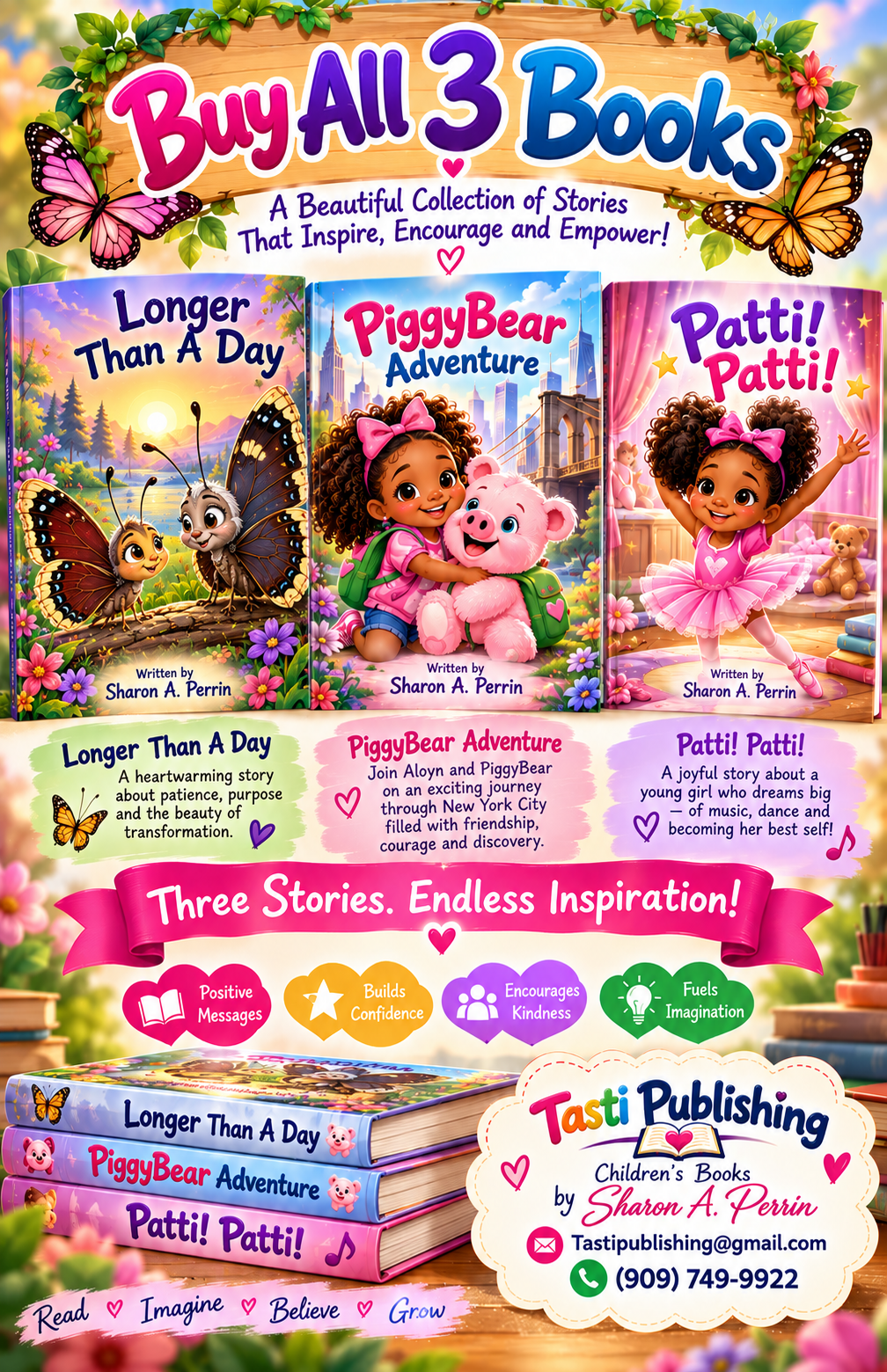 Colorful promotional poster advertising a collection of children's books titled 'Buy All 3 Books' by Sharon A. Perrin. The books shown are 'Longer Than A Day' with butterflies, 'PiggyBear Adventure' with a girl and piglet, and 'Patti! Patti!' with a young girl in a pink tutu. The poster highlights themes like confidence, kindness, and imagination, and includes contact information for Tasti Publishing.