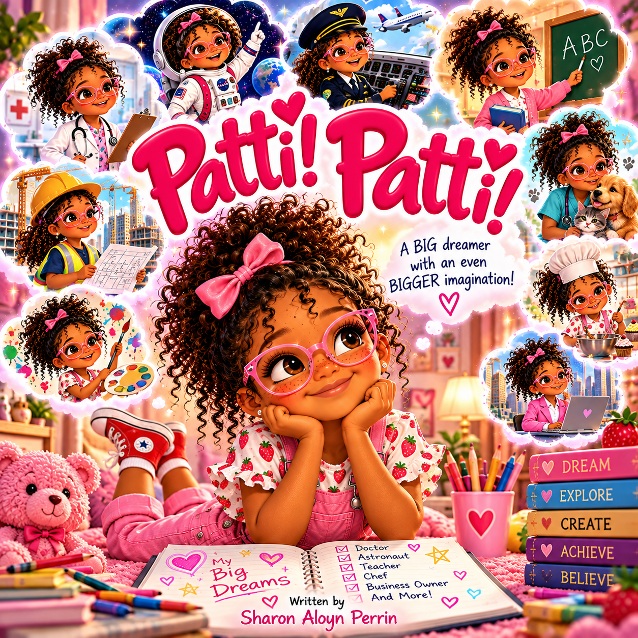 Colorful animated children's book cover titled 'Patti! Patti!' featuring a young girl with curly hair, pink glasses, and a pink bow, lying on her bed surrounded by toys, books, and drawings. Various images of her in different future professions such as a doctor, astronaut, teacher, chef, business owner, and artist are shown around her, with a pink and purple cityscape in the background. The cover includes motivational words like 'Dream,' 'Explore,' 'Create,' 'Achieve,' and 'Believe'.