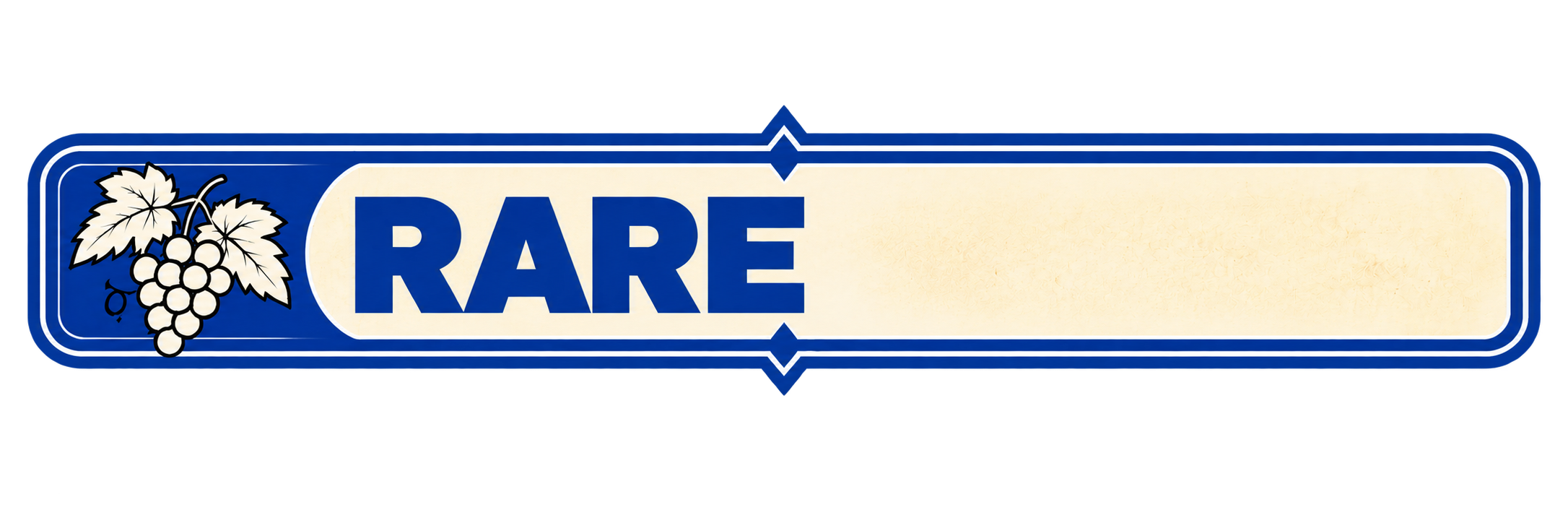 Blue and white rectangular label with a grape illustration and the word 'RARE' in bold blue letters.