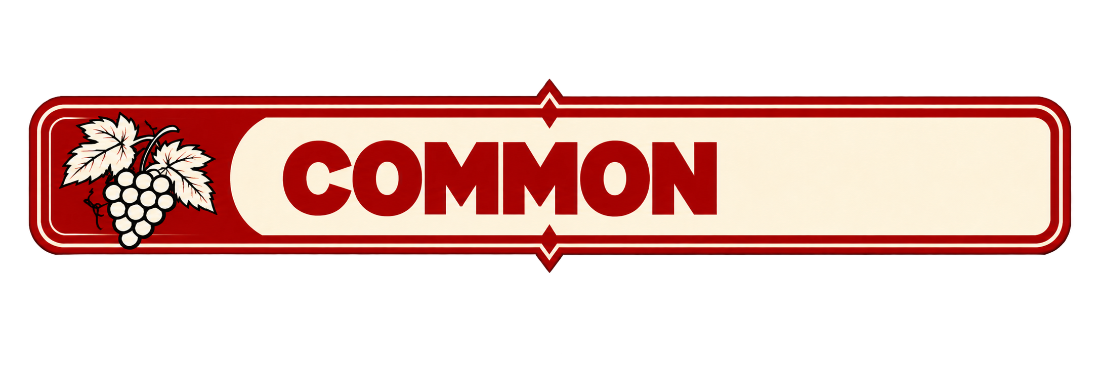 A red and white label with a grape illustration, the word "COMMON" in bold red letters.