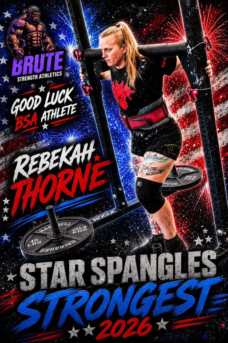 Rebekah Thorne performing a yoke carry. The background features a patriotic theme with stars and fireworks in red, white, and blue. Text indicates she is a strongwoman competitor.