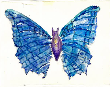 A watercolor painting of a blue butterfly with purple accents on its body.