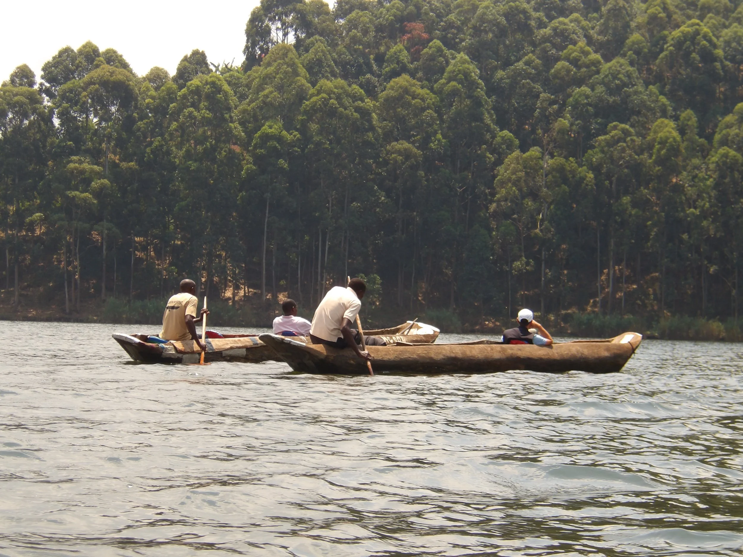 People paddling boats on a river with a dense forest in the background.