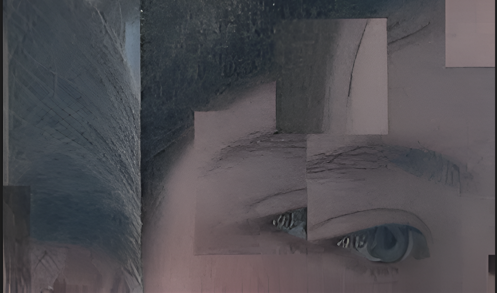 Abstract digital artwork with distorted human eye and geometric shapes blending in shades of pink, blue, and gray.