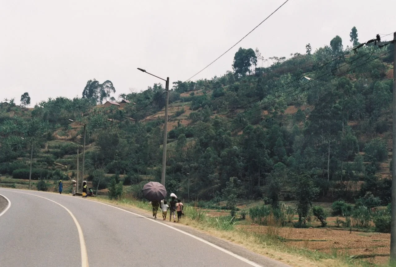 People walking along a rural road, with some carrying umbrellas, in a hilly, green landscape.