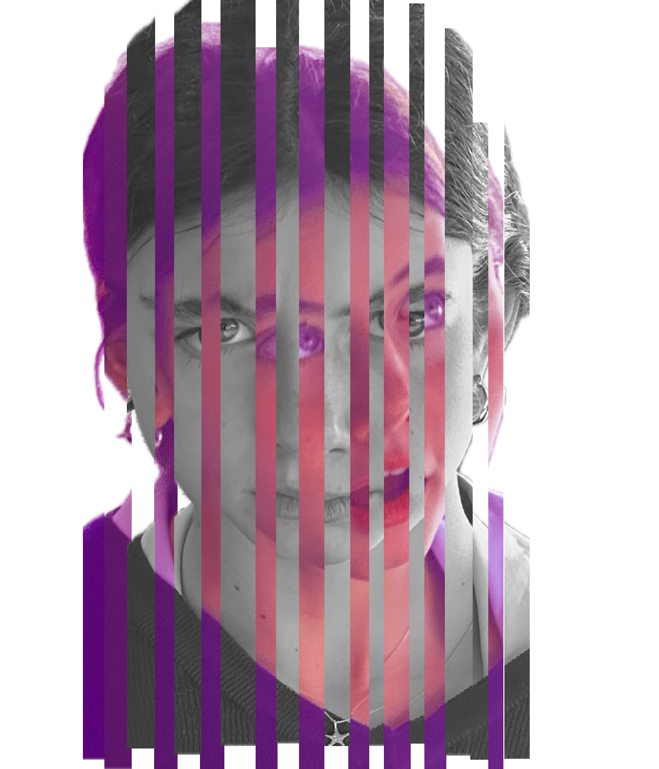 A portrait of a person with short hair, earrings, and makeup, with digital purple and red streaks overlayed on the image.