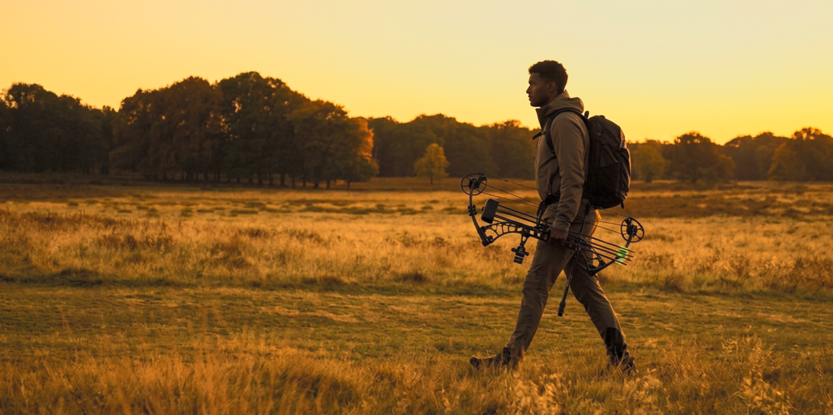 A man walking across a field at sunset, carrying a bow and wearing a backpack, with a row of trees in the background.