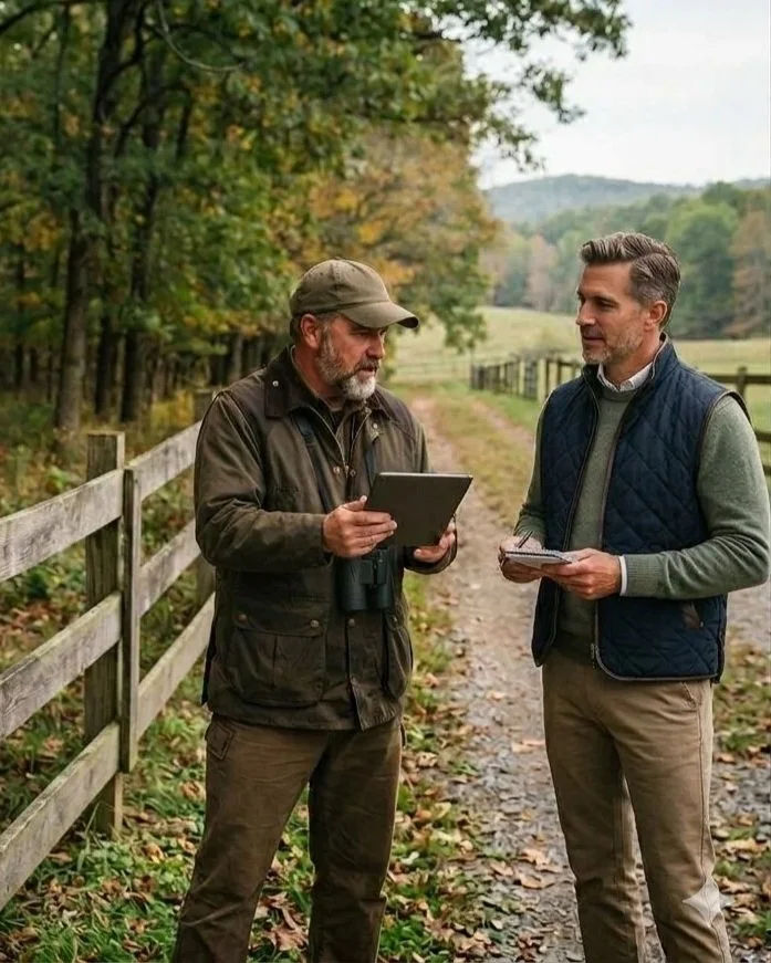 Two men, one with a tablet and the other with a notepad, standing on a dirt path in a wooded area with trees and a fence in the background.