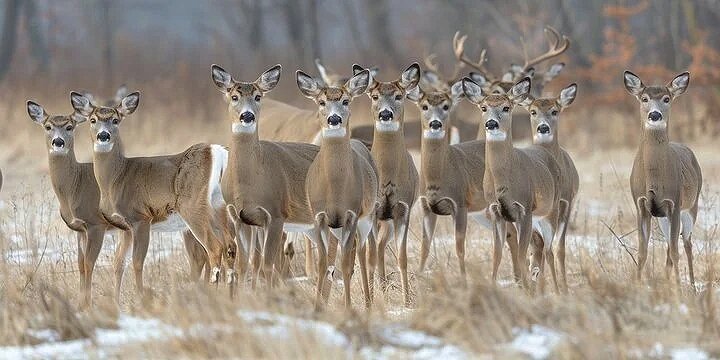 Group of nine white-tailed deer, including seven bucks with antlers, standing in a snowy field with dry grass and trees in the background.