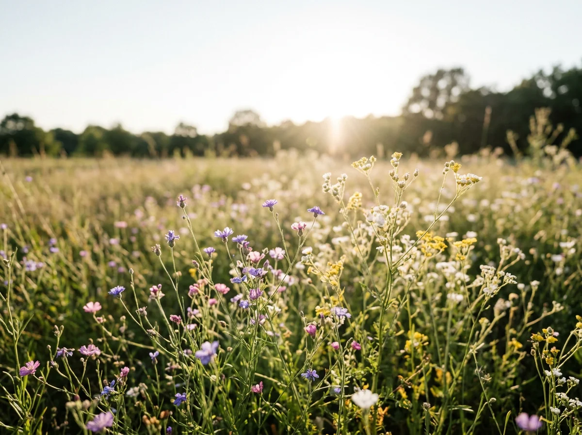 Sunlit meadow filled with colorful wildflowers at golden hour