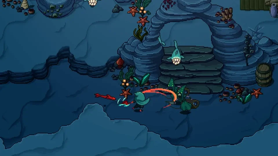 A cartoon underwater scene with two fish fighting near a stone archway, surrounded by starfish, seaweed, and a barrel.