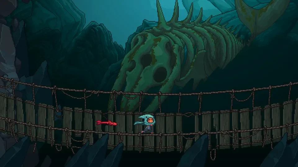 A pixel art image of a small blue character with a red face and a red fish on a wooden suspension bridge, set in a dark, rocky environment with large greenish sea creatures in the background.