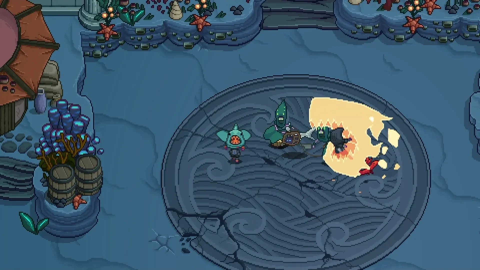 A pixel art video game scene showing a character standing on a circular patterned stone platform surrounded by decorated blue-toned rocks, plants, and structures. Several small characters or creatures are nearby, with one appearing to be in combat or interaction.