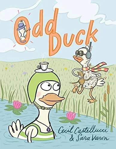 Cartoon illustration of a duck with glasses, a striped scarf, and headphones standing in a pond with pink water lilies, and a green-headed duck in the water. Title reads 'Odd Duck'.