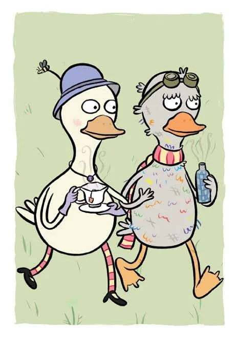 Two cartoon ducks dressed like tourists walking on grass, one holding a teacup and the other holding a water bottle.