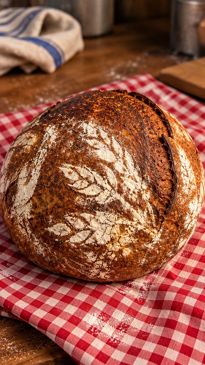 Scored sourdough loaf on a red checked cloth