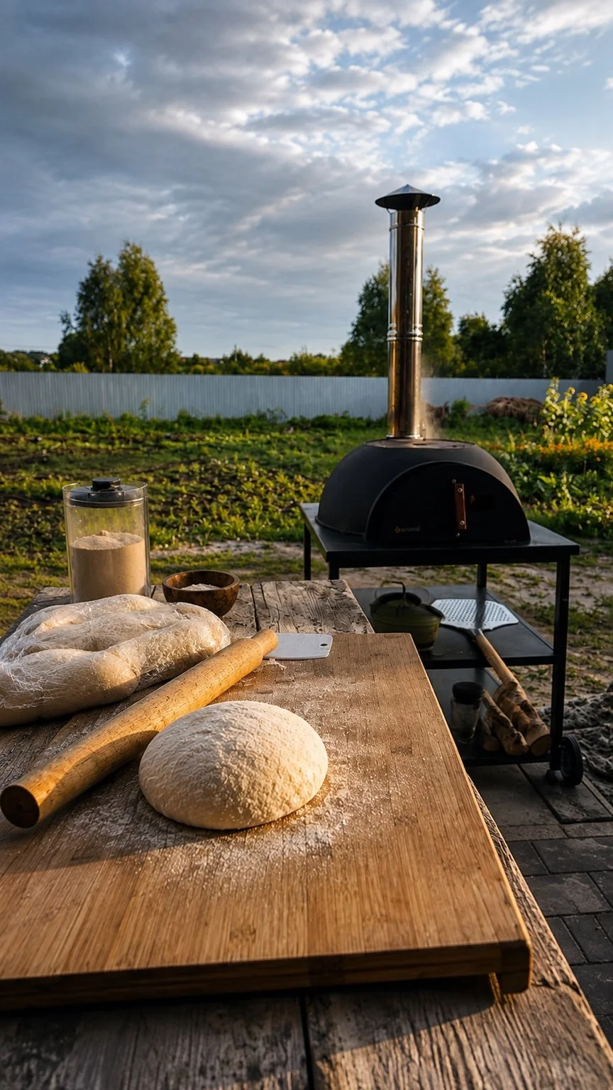 Dough and baking tools beside an outdoor pizza oven