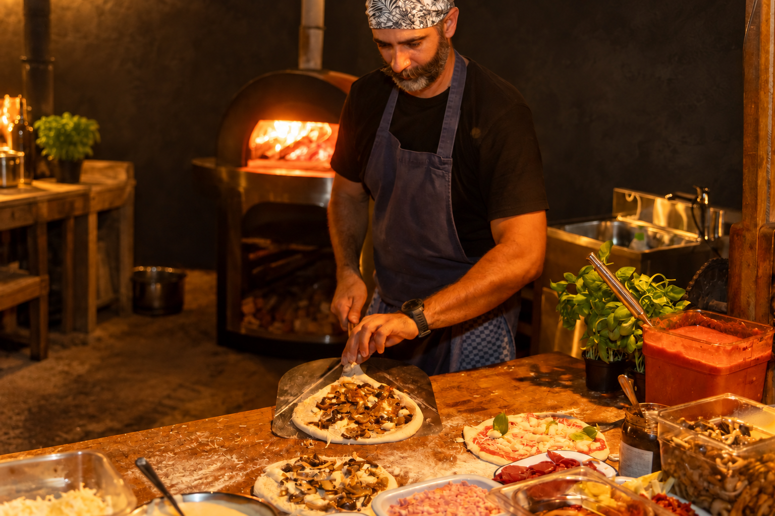 Bilal preparing pizzas beside a glowing oven at a private event.