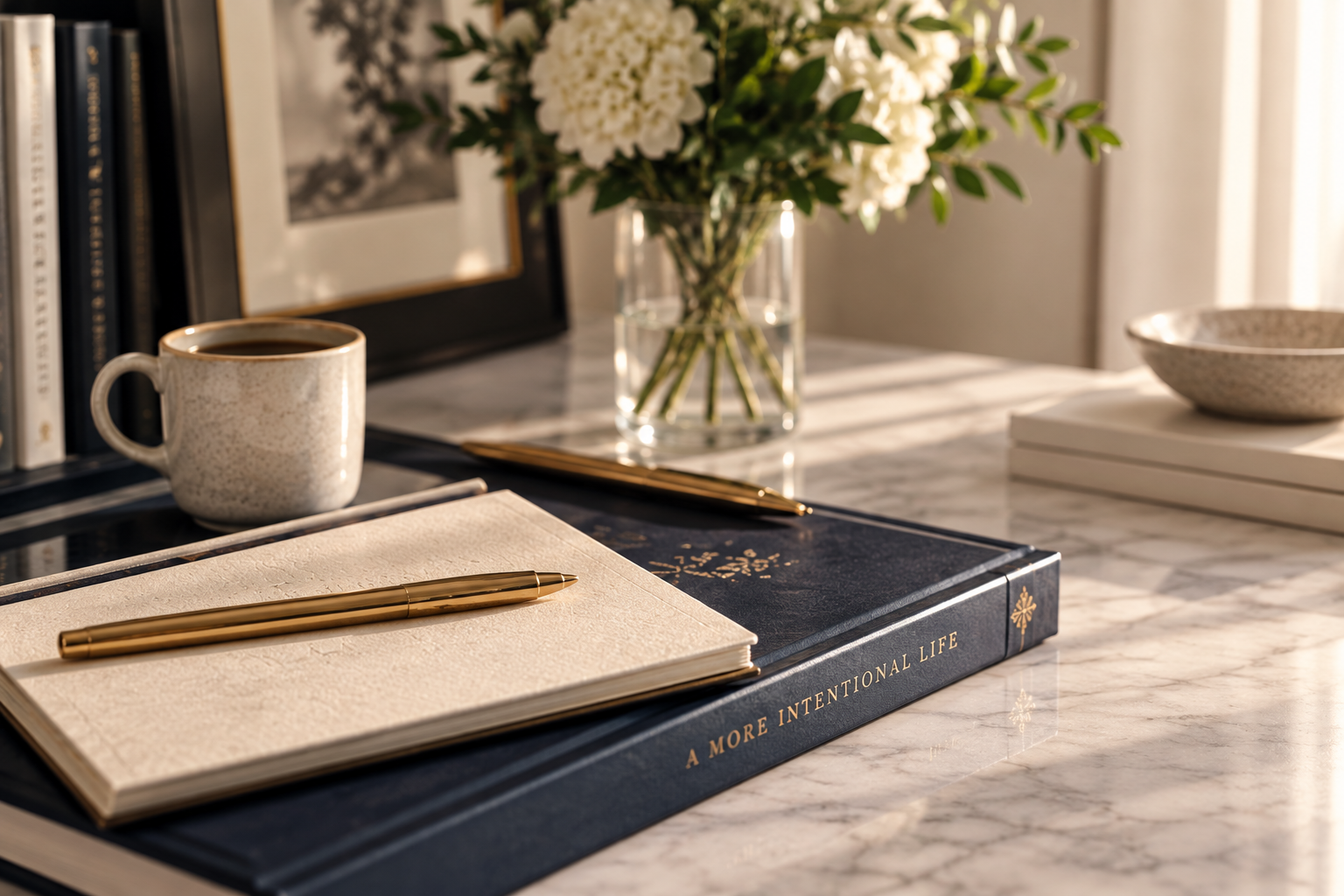 Desk with a cup of coffee, a notebook with a gold pen, a large book titled 'A More Intentional Life,' a picture frame, a vase with white flowers, and a bowl on a stack of white books, all illuminated by natural light.