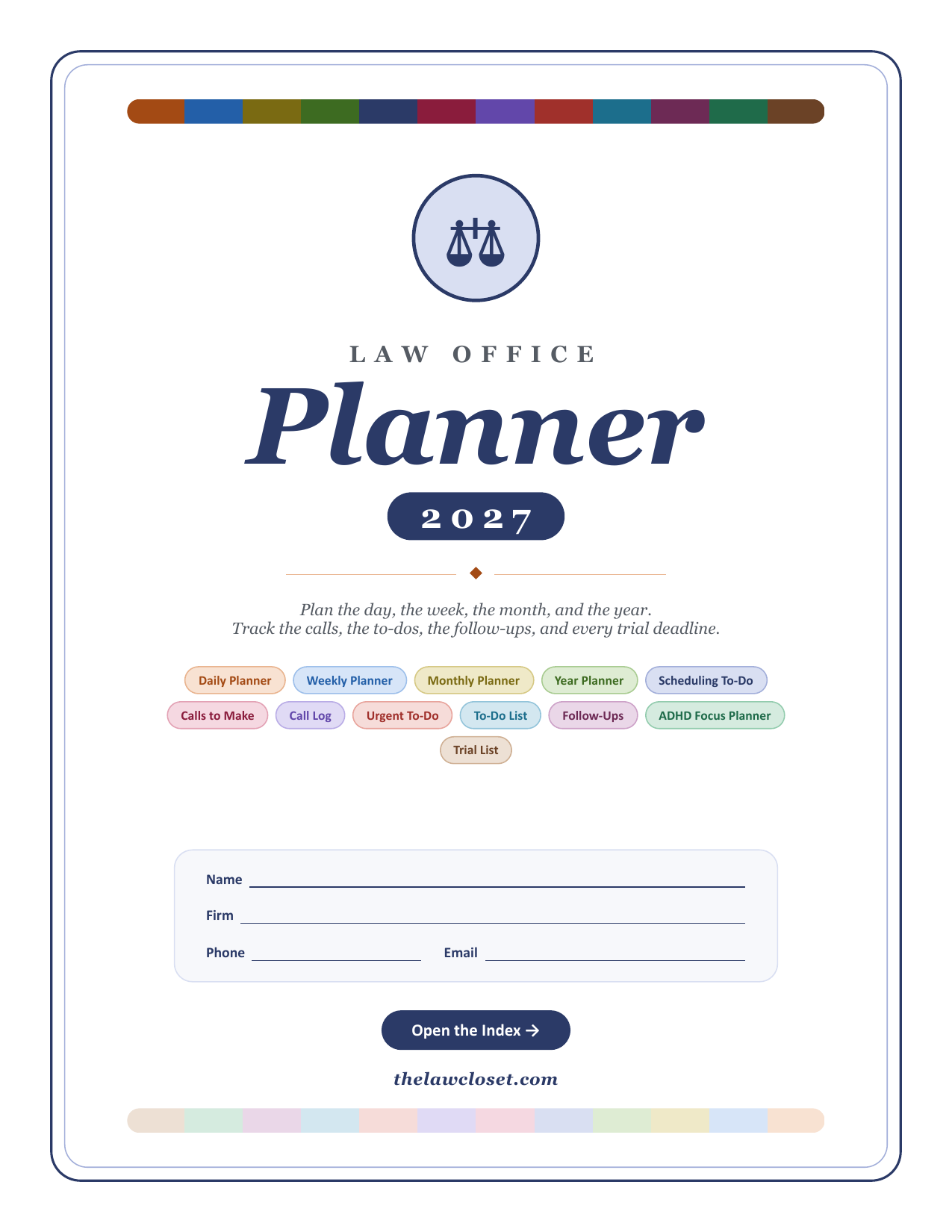       
  
    Legal work runs on dates, deadlines, and a hundred little follow-ups that cannot fall through the cracks. Generic planners don't get that. This one does — because it was built for how a law office actually runs.  


  
 #block-70c531280