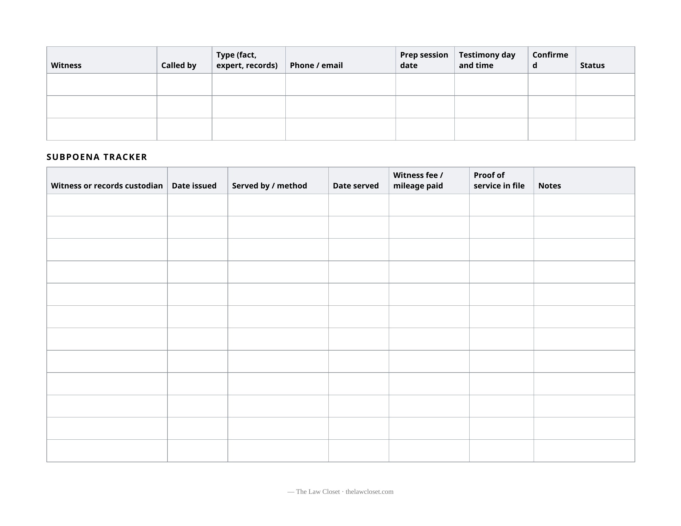 Trial notebook witness tracker page